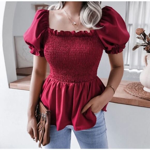 Women’s Elastic Puff Sleeve Ruffle Tunic Top Blouse Medium - Picture 1 of 8